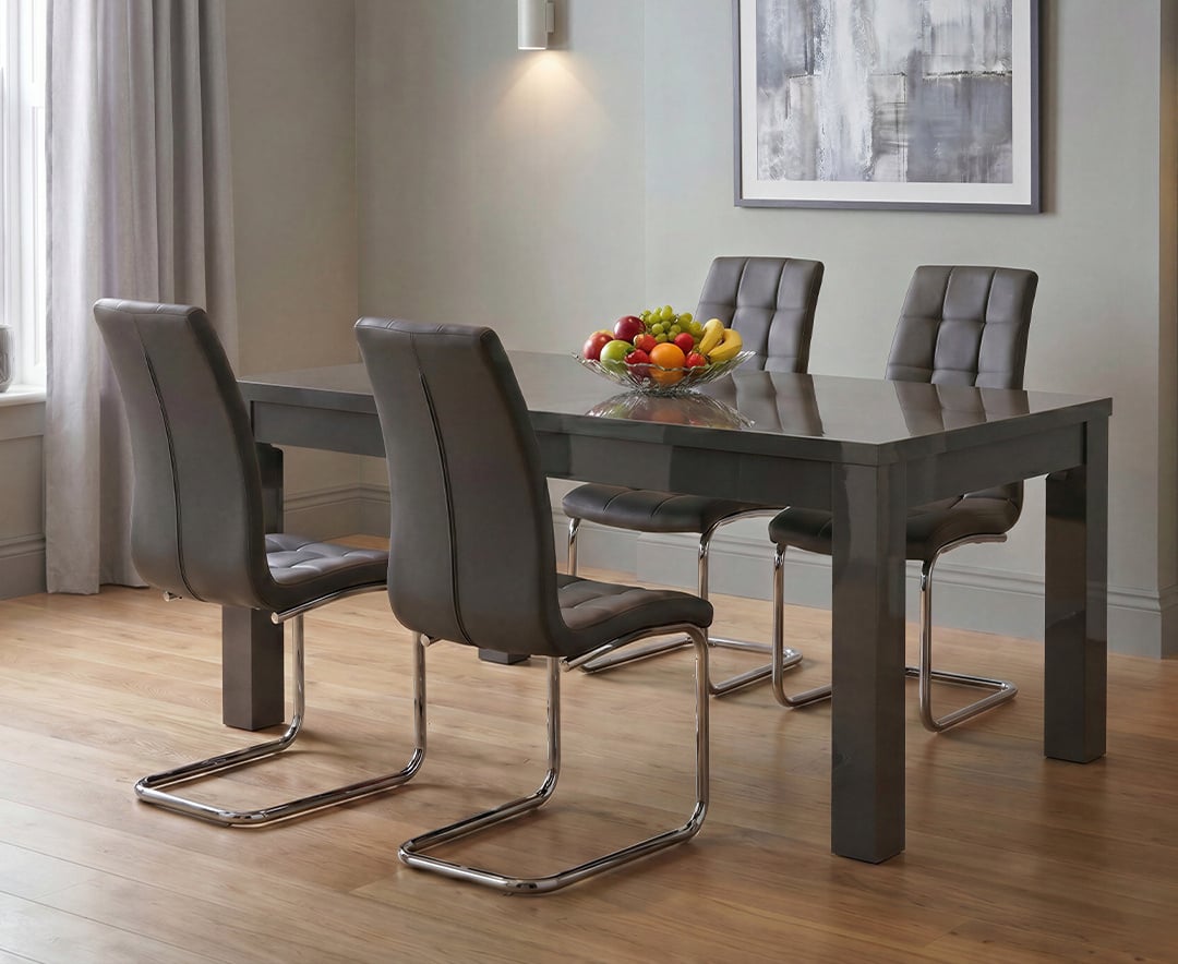 Extending Seattle 160cm Dark Grey High Gloss Dining Table with 6 Grey Vigo Chairs