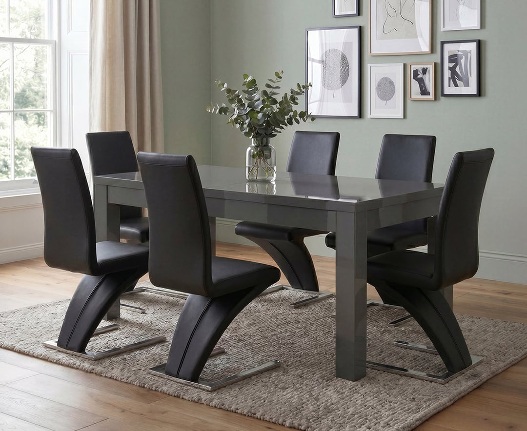 Extending Seattle 160cm Dark Grey High Gloss Dining Table with 6 Black Aldo Chairs