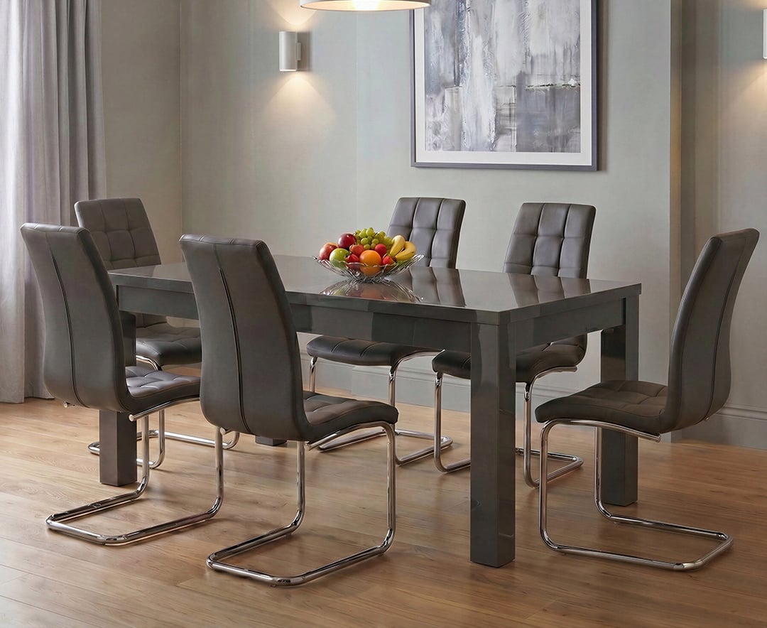 Extending Seattle 160cm Dark Grey High Gloss Dining Table with 6 Grey Vigo Chairs