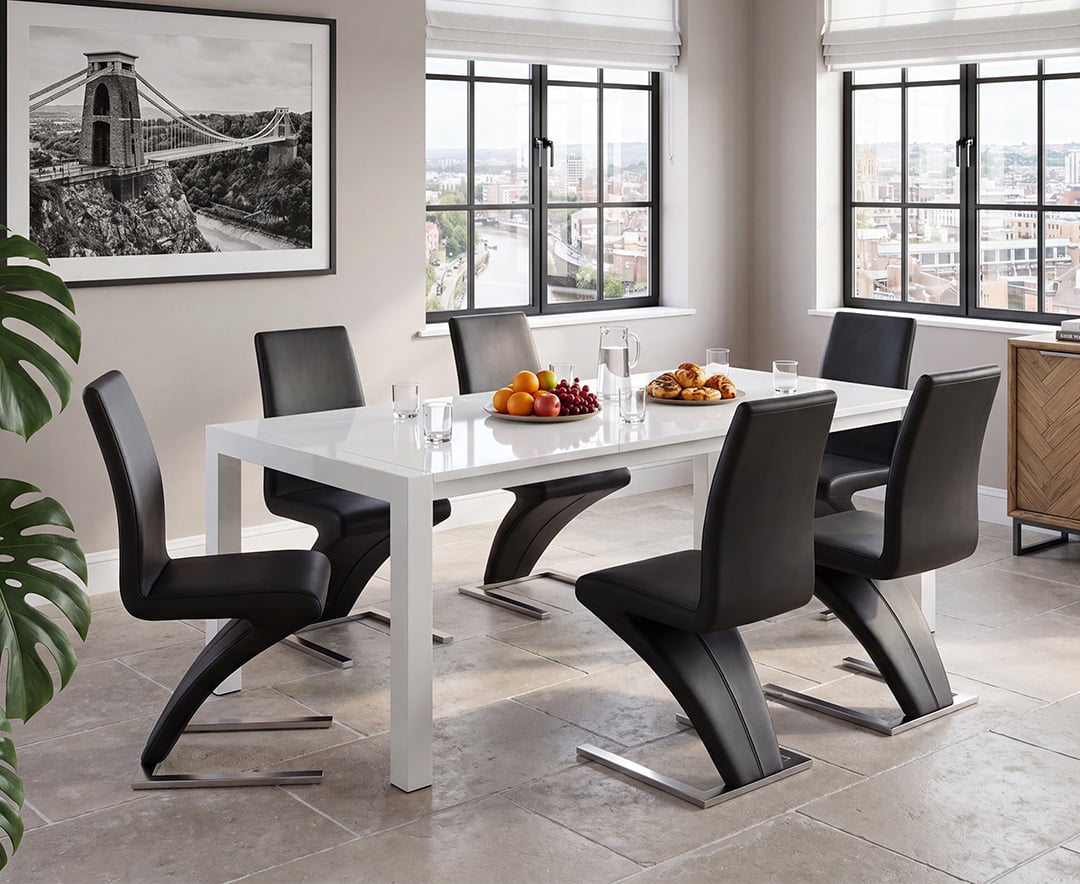 Extending Cleveland White High Gloss Dining Table with 6 Black Aldo Chairs