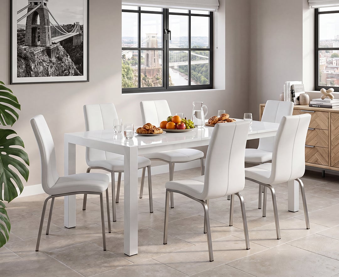 Extending Cleveland White High Gloss Dining Table with 6 White Marco Chairs