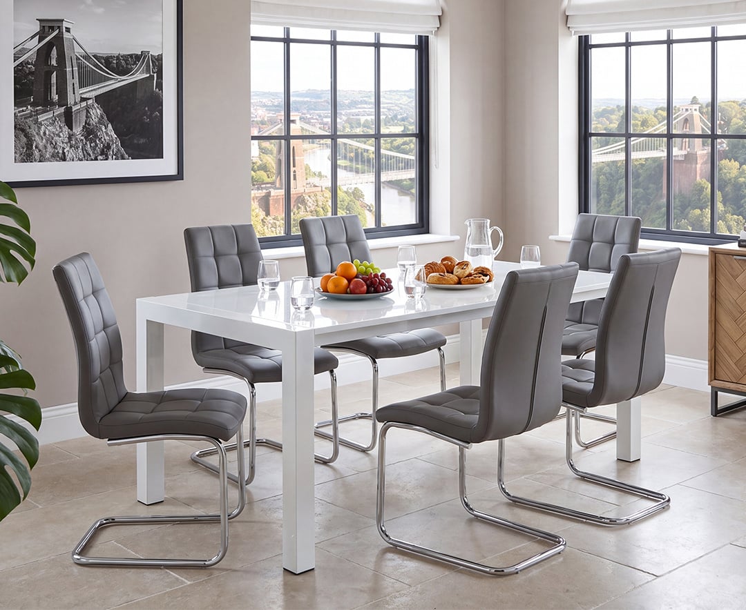 Extending Cleveland White High Gloss Dining Table with 6 Grey Vigo Chairs