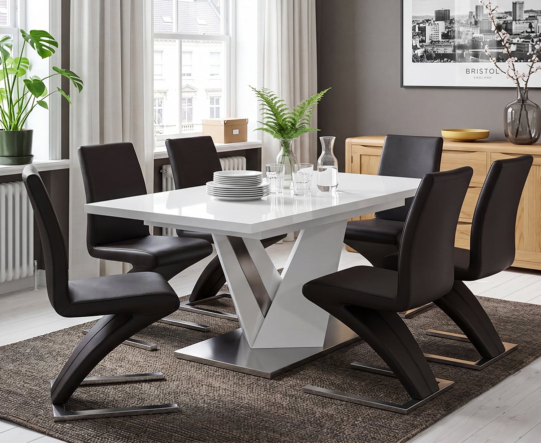 Extending Santino 160cm White High Gloss Dining Table with 6 Black Aldo Chairs
