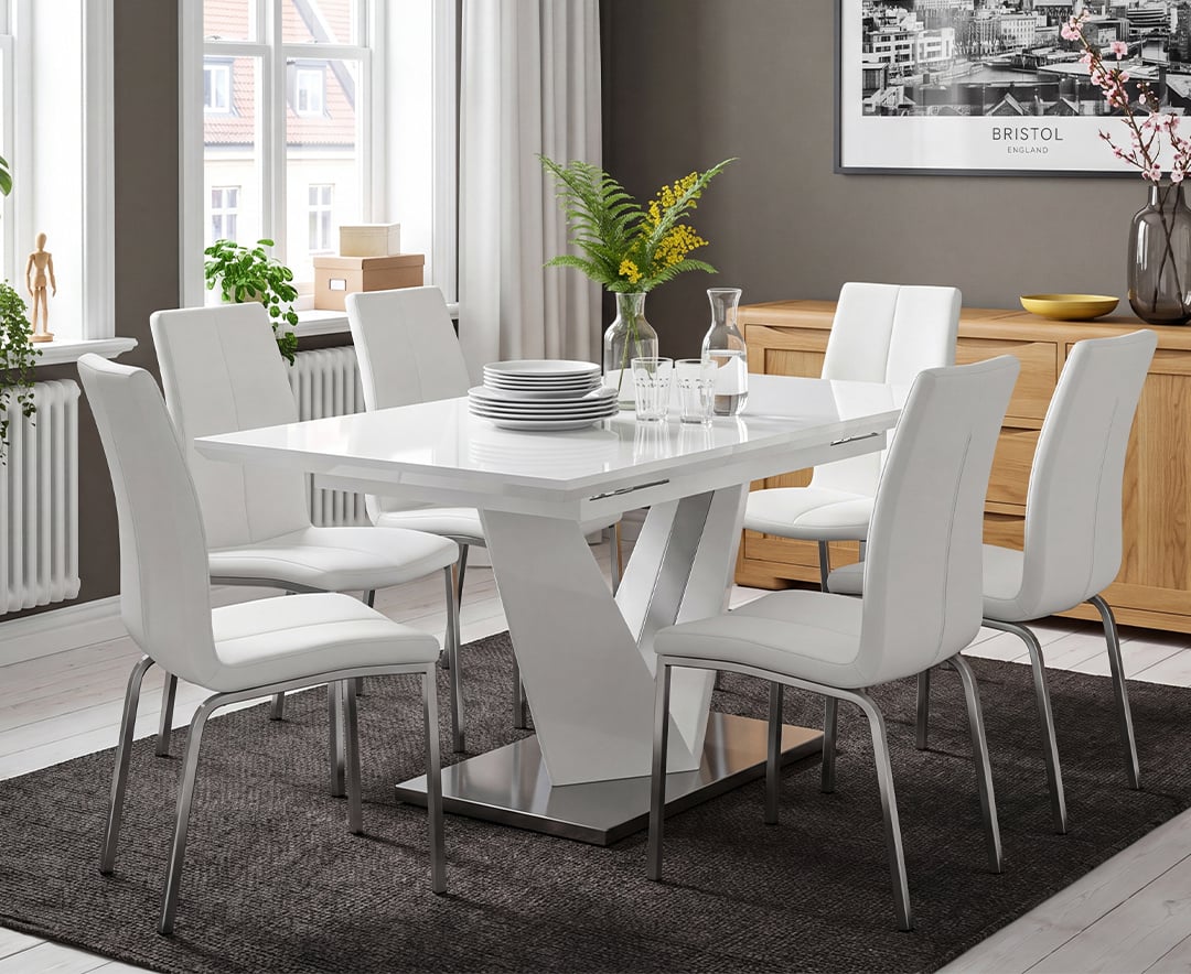 Extending Santino 160cm White High Gloss Dining Table with 6 White Marco Chairs