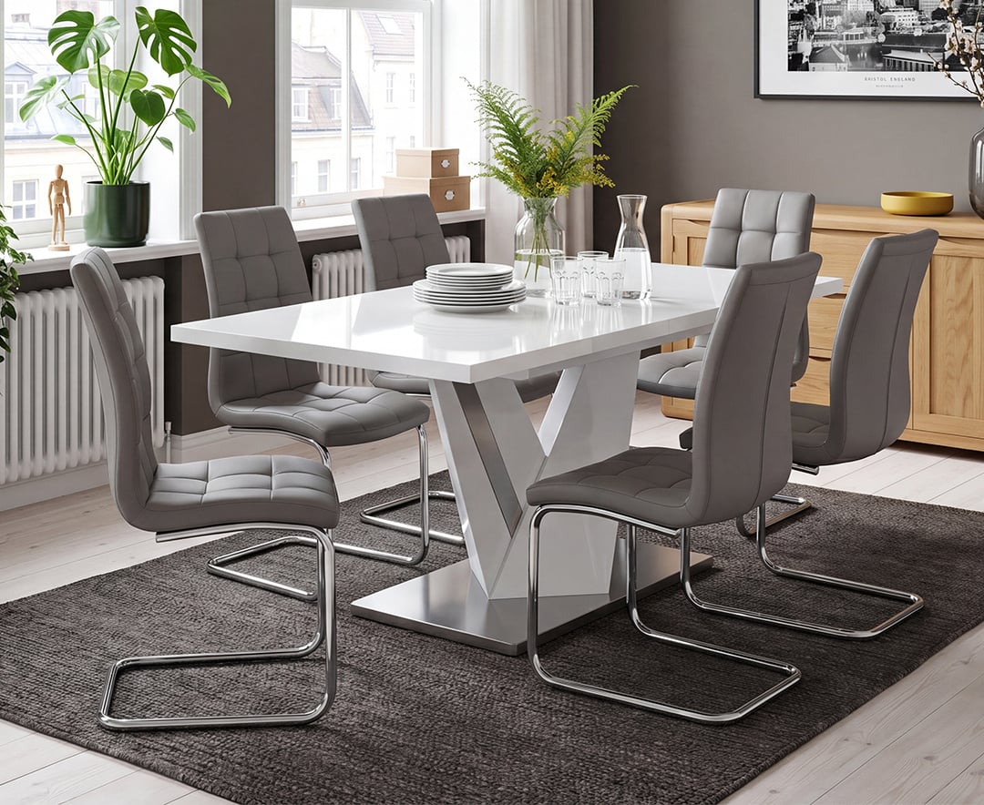 Extending Santino 160cm White High Gloss Dining Table with 6 Grey Vigo Chairs