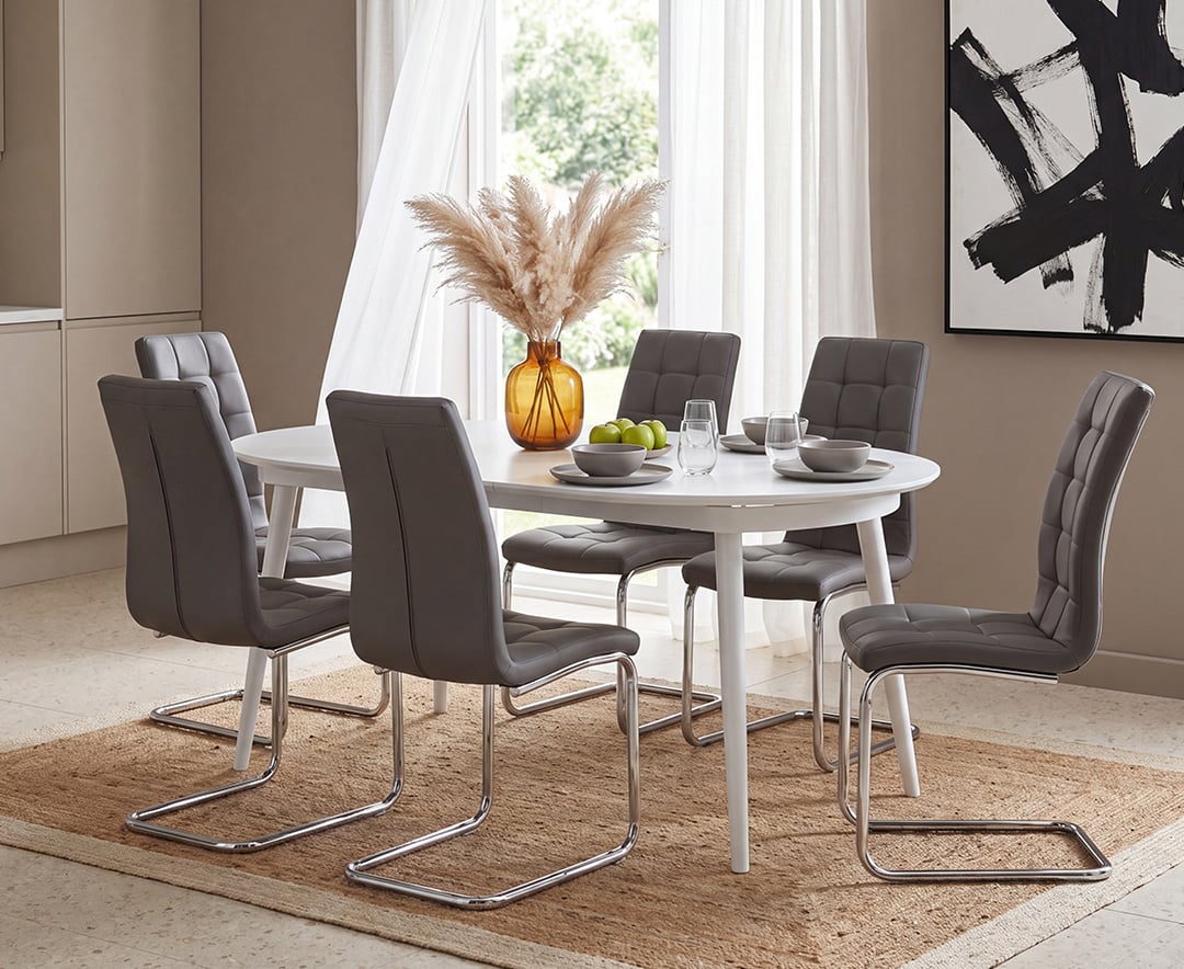 Extending Veneti White High Gloss Dining Table with 6 Grey Vigo Chairs