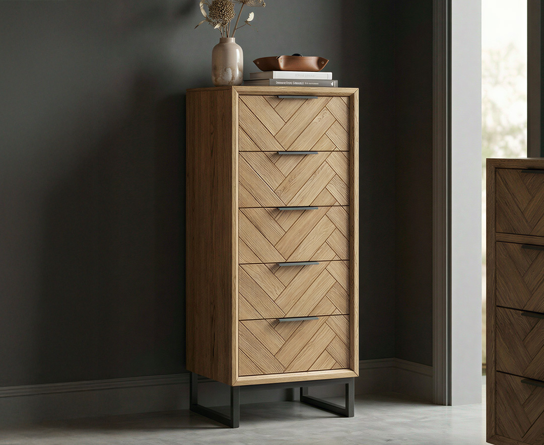 Photo 3 of Herringbone solid oak 5 drawer tallboy chest Photo 3 of Herringbone solid oak 5 drawer tallboy chest