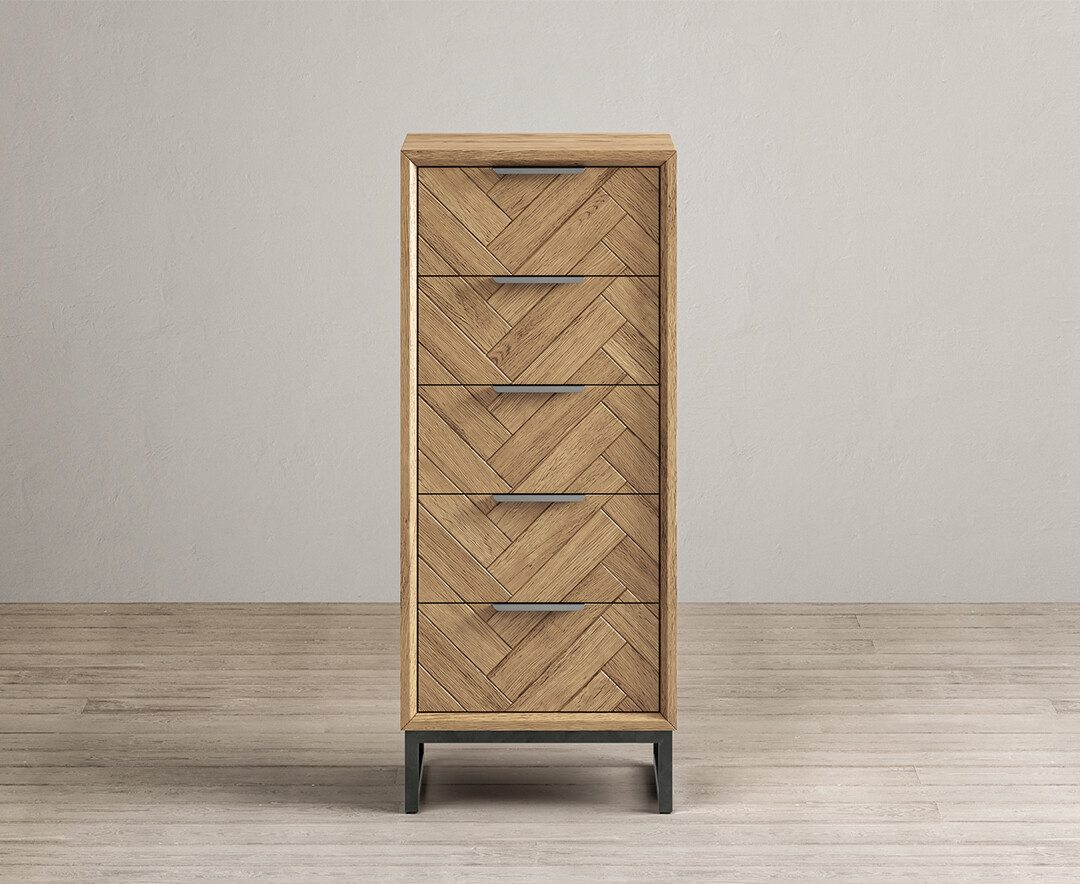Photo 4 of Herringbone solid oak 5 drawer tallboy chest Photo 4 of Herringbone solid oak 5 drawer tallboy chest