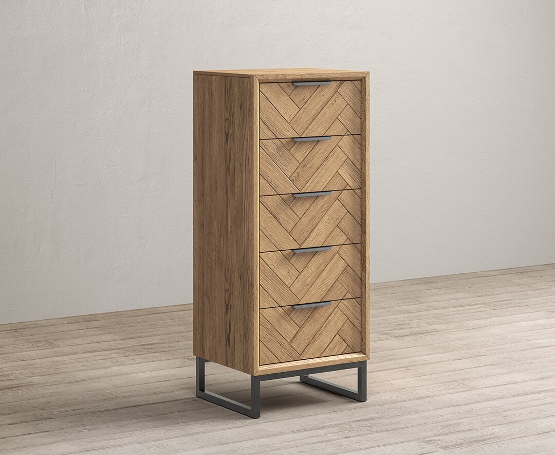 Photo 5 of Herringbone solid oak 5 drawer tallboy chest Photo 5 of Herringbone solid oak 5 drawer tallboy chest