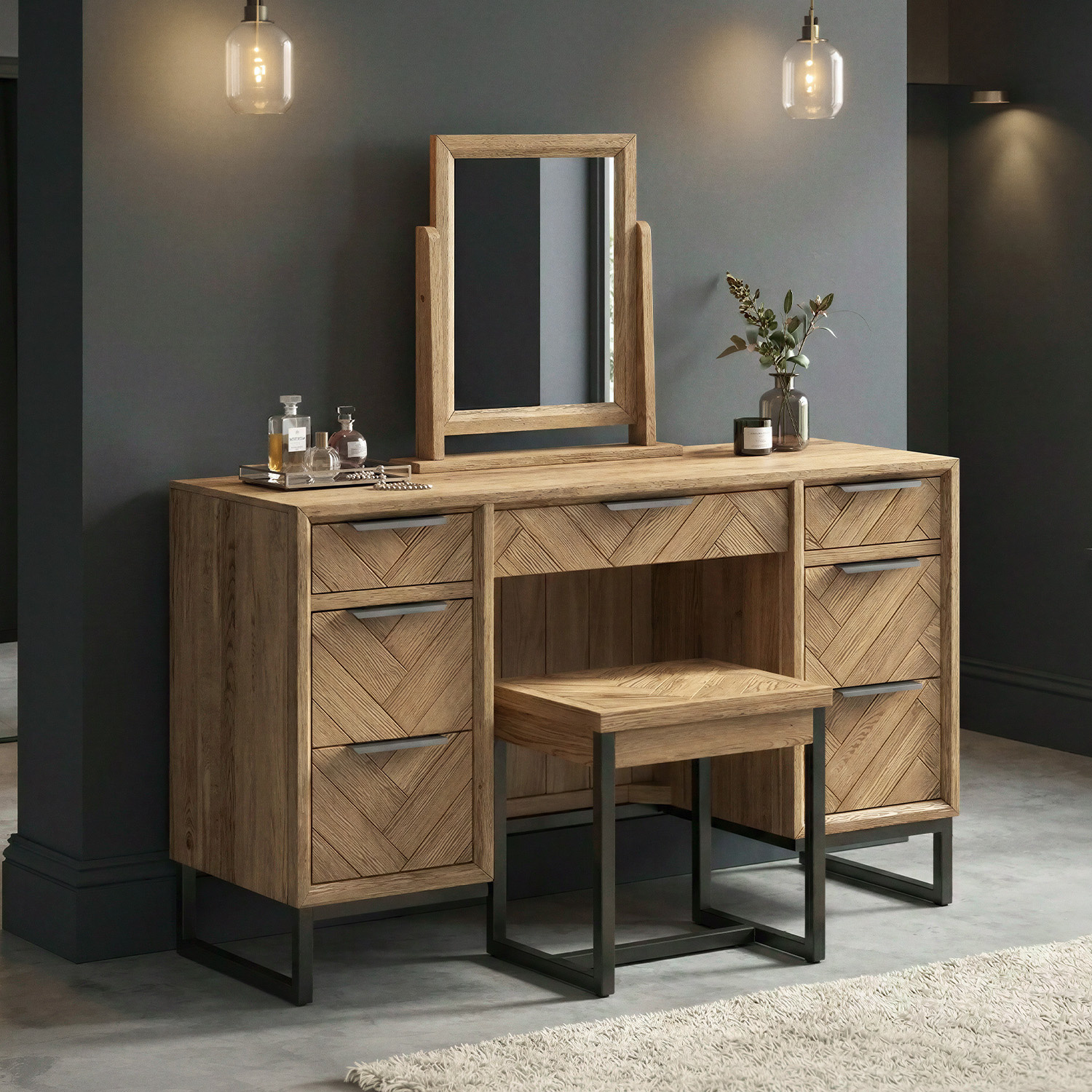 Herringbone Solid Oak Dressing Table Set