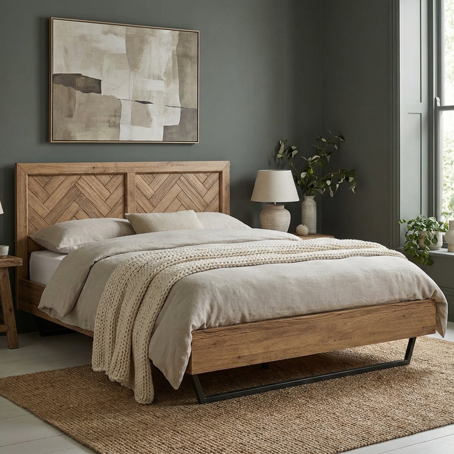 Herringbone Solid Oak King Size Bed
