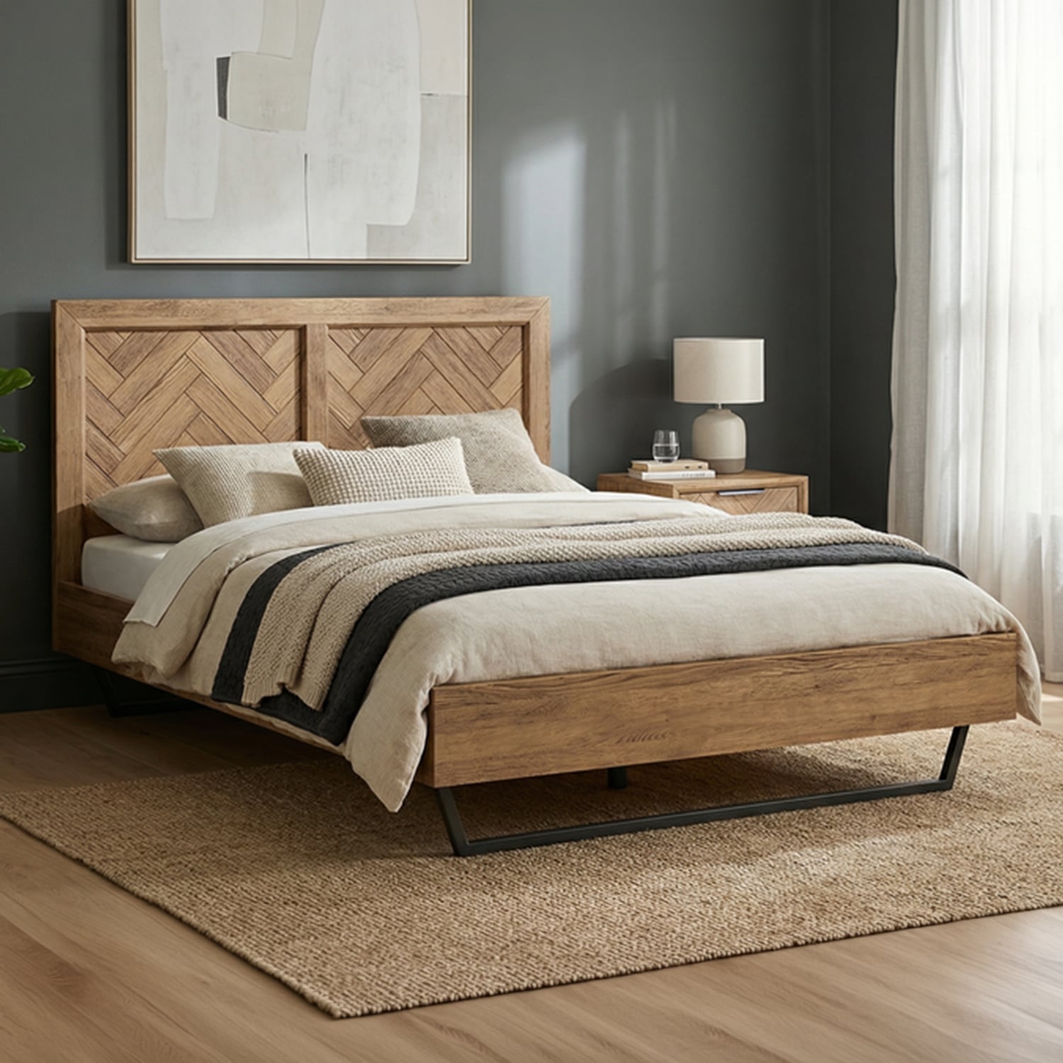 Herringbone Solid Oak Double Bed