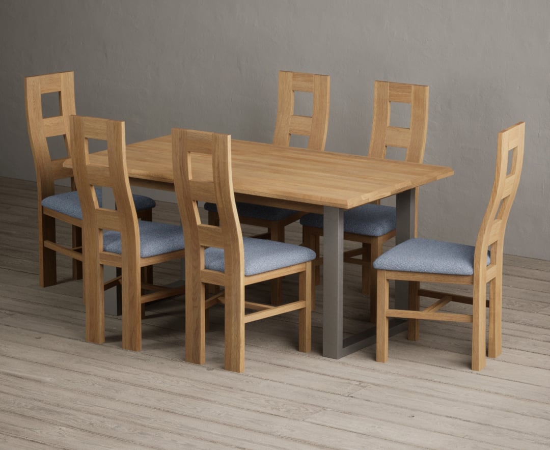 Parker 160cm Solid Oak Dining Table with 6 Light Grey Natural Solid Oak Chairs