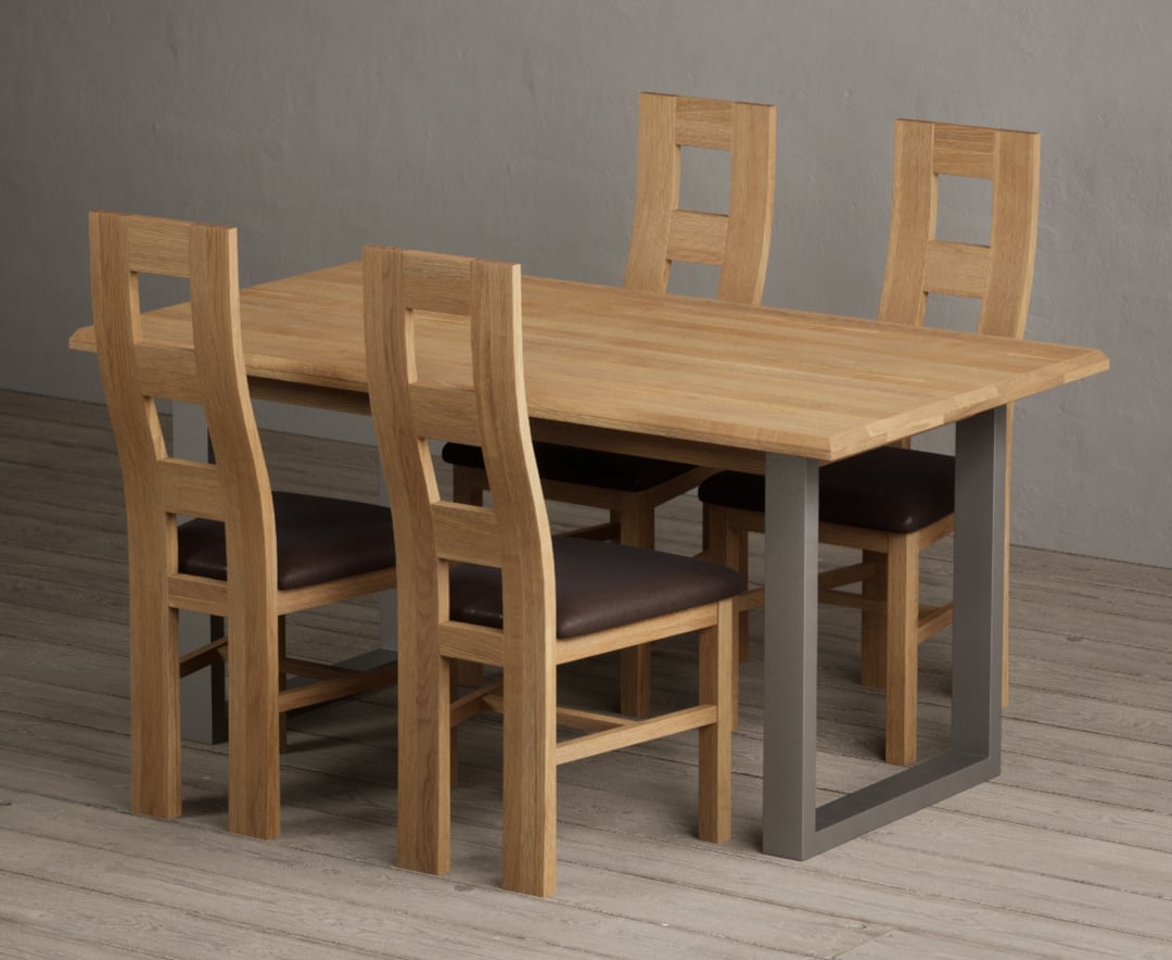 Parker 160cm Solid Oak Dining Table with 6 Light Grey Natural Solid Oak Chairs