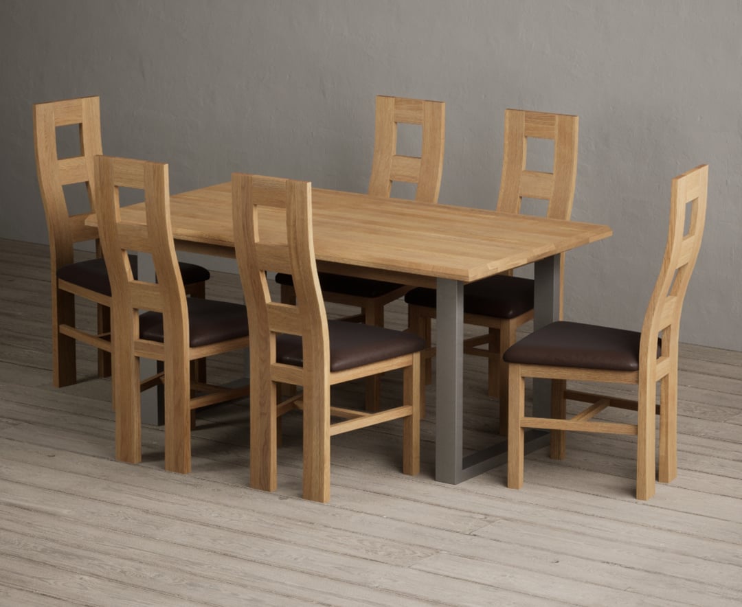 Parker 160cm Solid Oak Dining Table with 6 Light Grey Natural Solid Oak Chairs