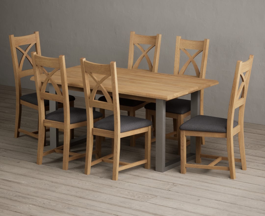 Parker 160cm Solid Oak Dining Table with 6 Light Grey Natural Solid Oak Chairs