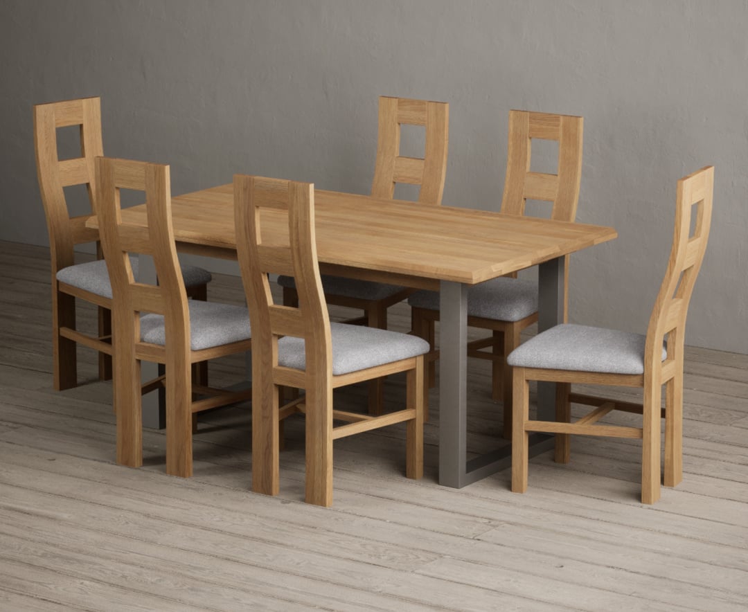 Parker 160cm Solid Oak Dining Table with 6 Light Grey Natural Solid Oak Chairs