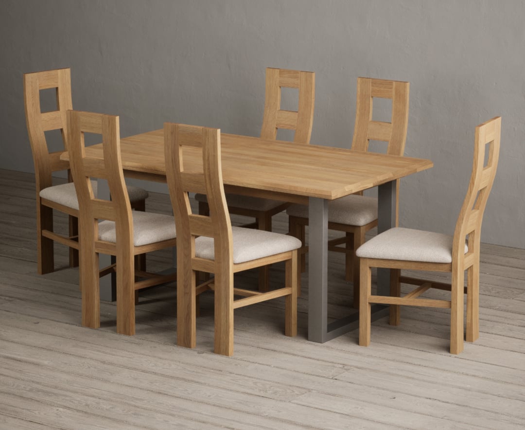 Parker 160cm Solid Oak Dining Table with 6 Light Grey Natural Solid Oak Chairs