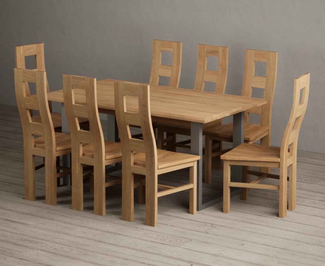 Parker 160cm Solid Oak Dining Table with 6 Light Grey Natural Solid Oak Chairs