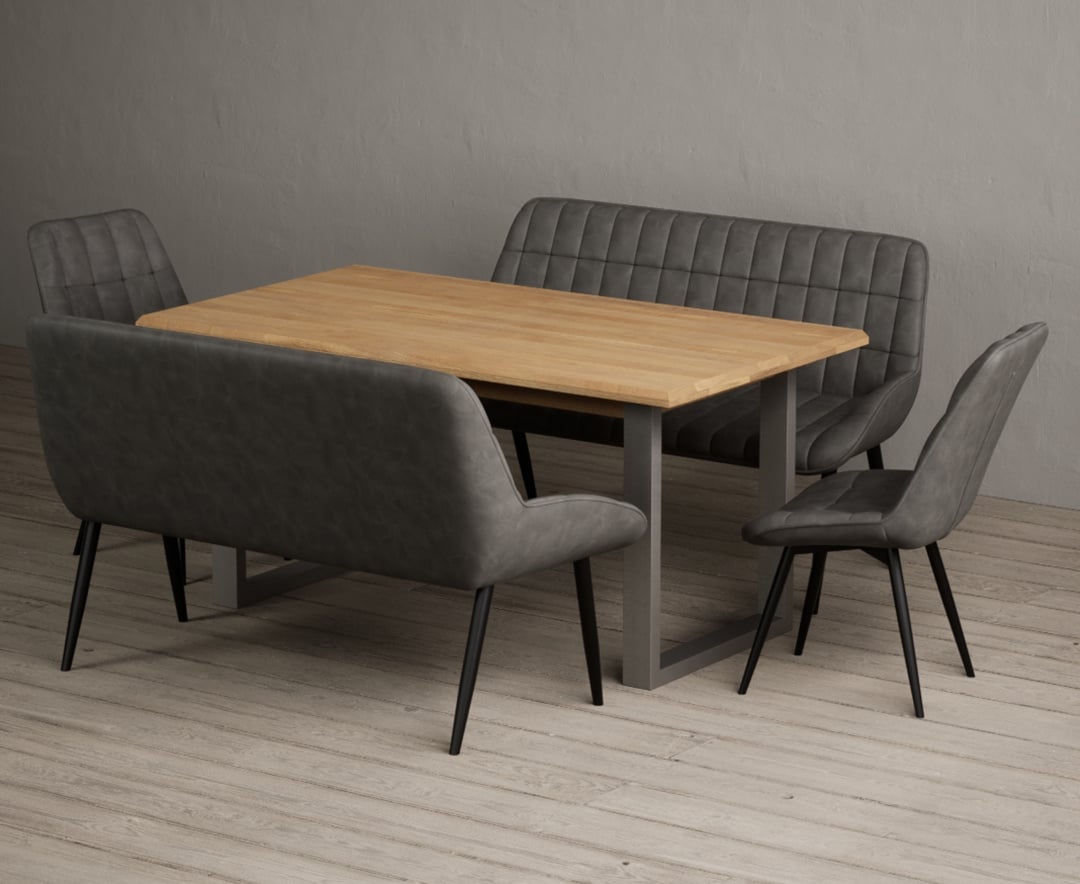 Parker 160cm Solid Oak Dining Table With 4 Grey Larson Chairs With 1 Grey Bench