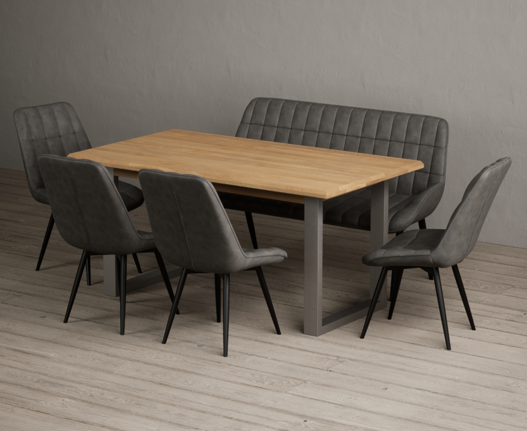 Parker 160cm Solid Oak Dining Table with 2 Grey Larson Chairs and 2 Grey Benches