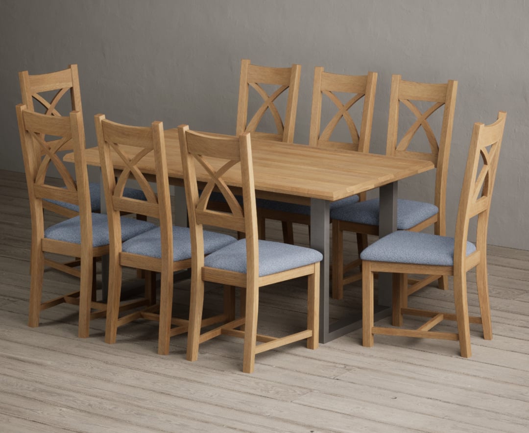 Parker 160cm Solid Oak Dining Table with 6 Light Grey Natural Solid Oak Chairs