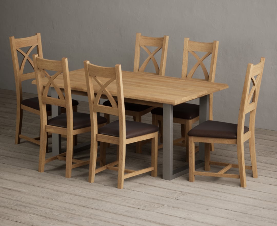 Parker 160cm Solid Oak Dining Table with 6 Light Grey Natural Solid Oak Chairs