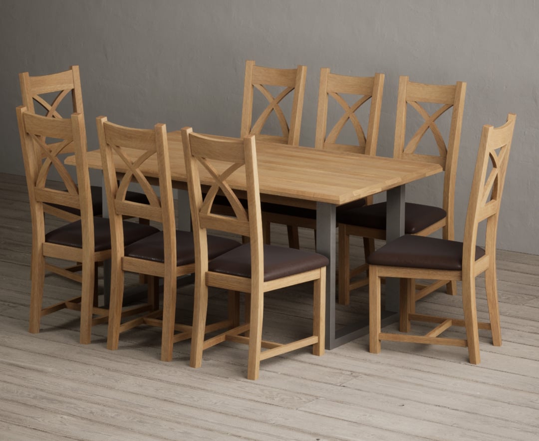 Parker 160cm Solid Oak Dining Table with 6 Light Grey Natural Solid Oak Chairs