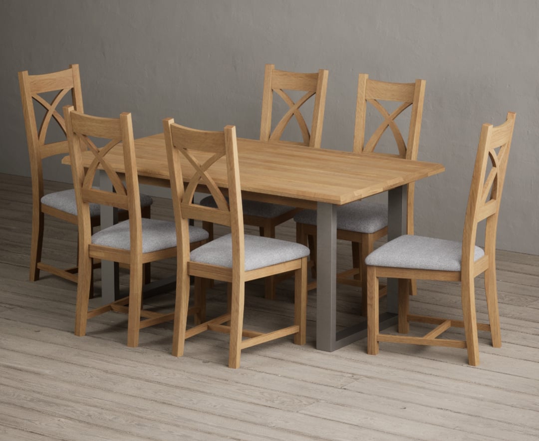Parker 160cm Solid Oak Dining Table with 6 Light Grey Natural Solid Oak Chairs