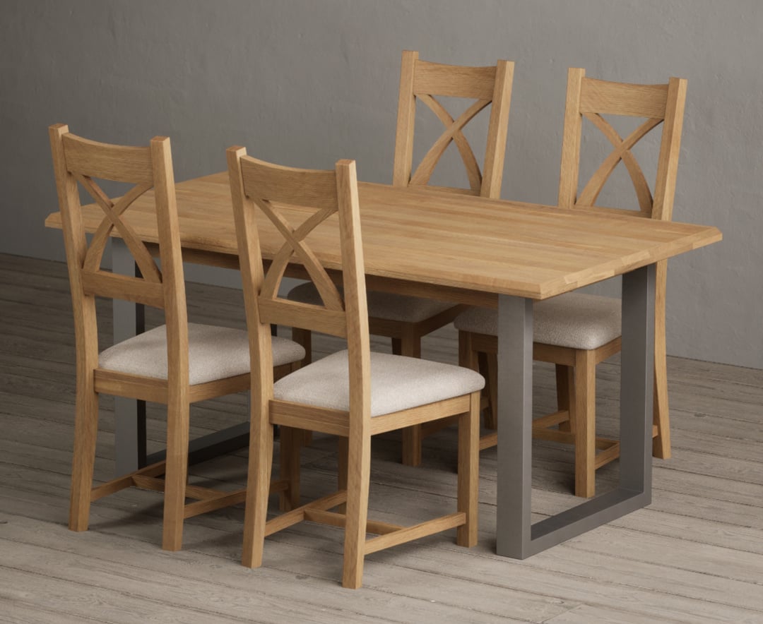Parker 160cm Solid Oak Dining Table with 6 Light Grey Natural Solid Oak Chairs