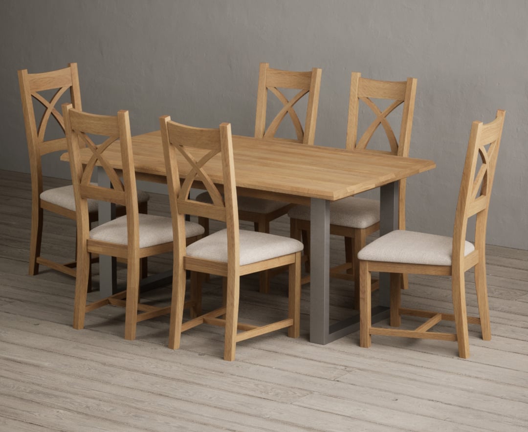 Parker 160cm Solid Oak Dining Table with 6 Light Grey Natural Solid Oak Chairs