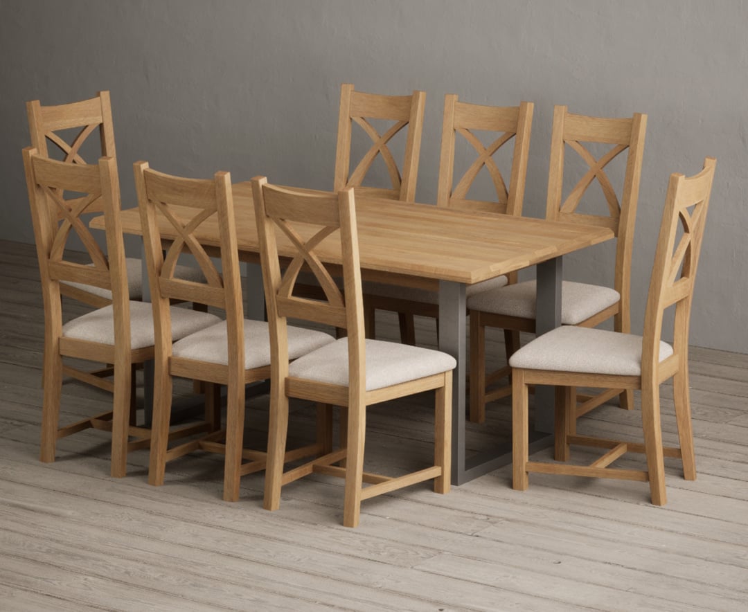 Parker 160cm Solid Oak Dining Table with 6 Light Grey Natural Solid Oak Chairs