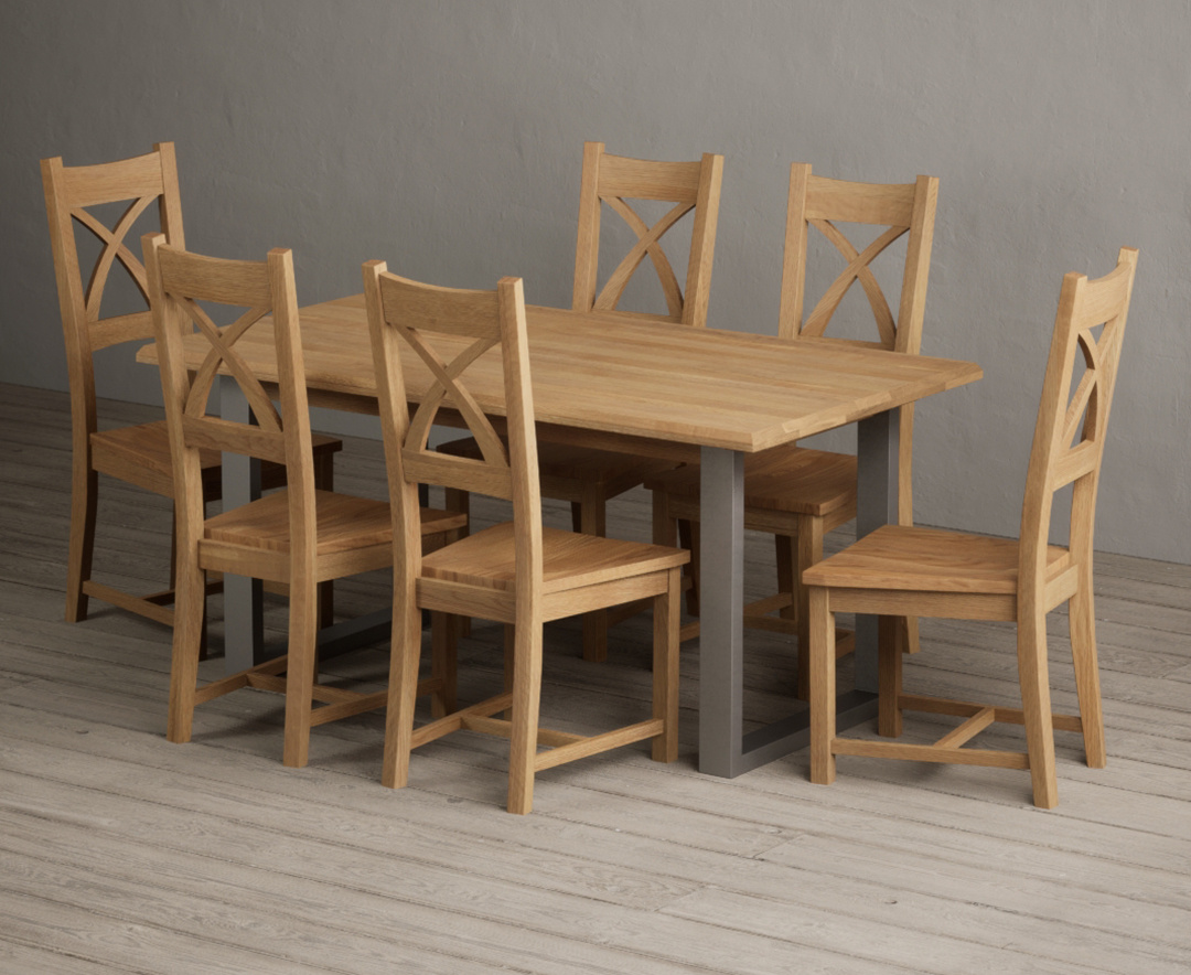 Parker 160cm Solid Oak Dining Table with 6 Light Grey Natural Solid Oak Chairs