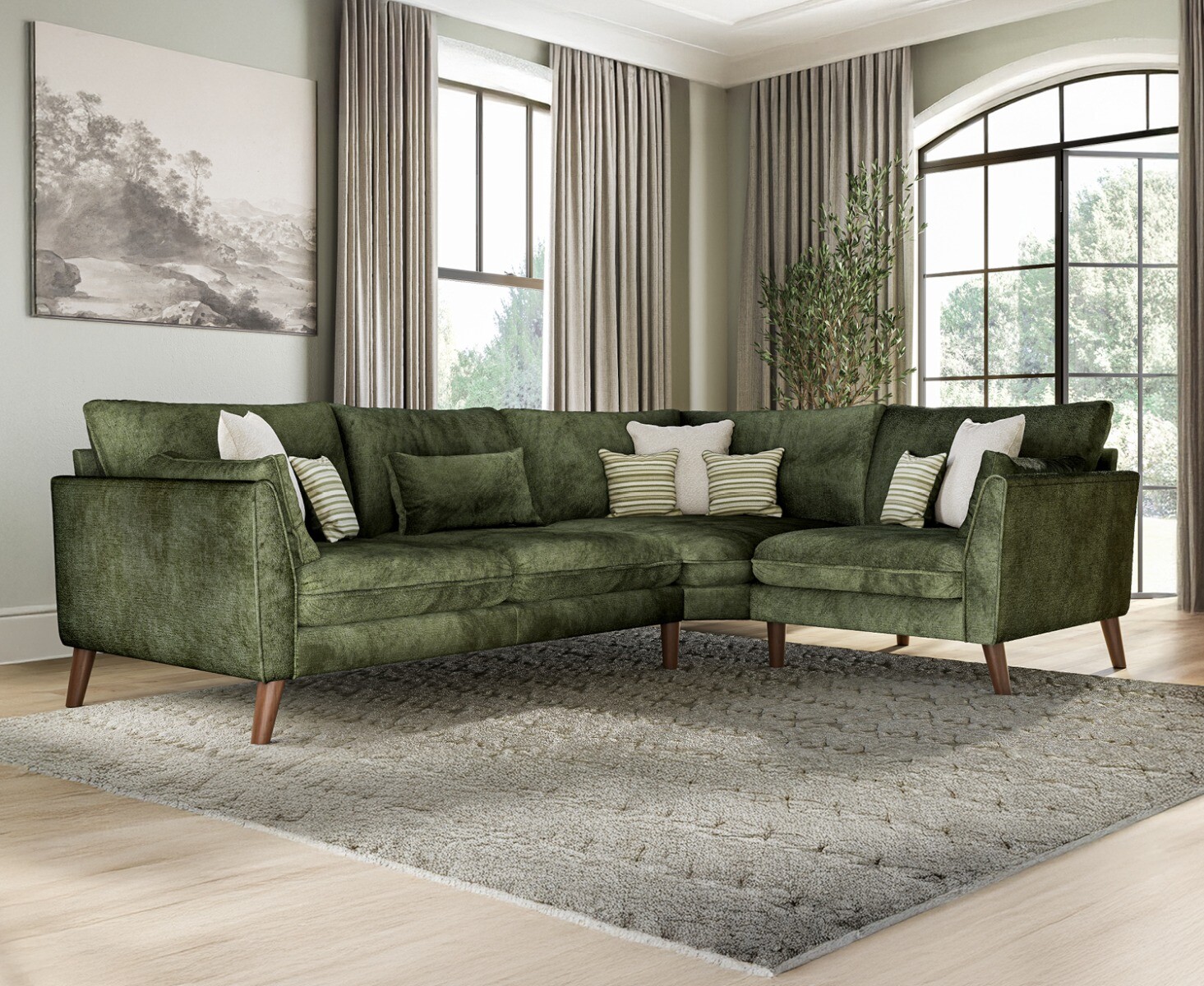 Palermo Olive Green Chenille Fabric Right Hand Facing Corner Sofa