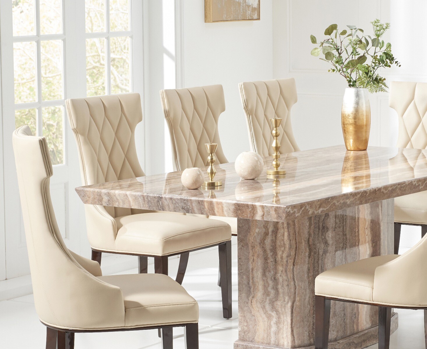 Carvelle 160cm Brown Pedestal Marble Dining Table with 8 Cream Sophia Chairs