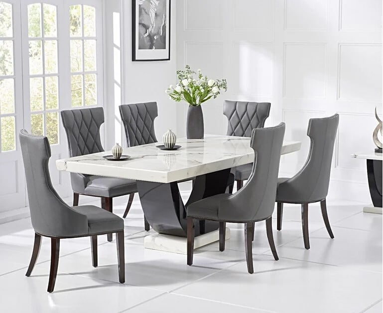 Novara 170cm White and Black Pedestal Marble Dining Table with 4 Cream Sophia Chairs