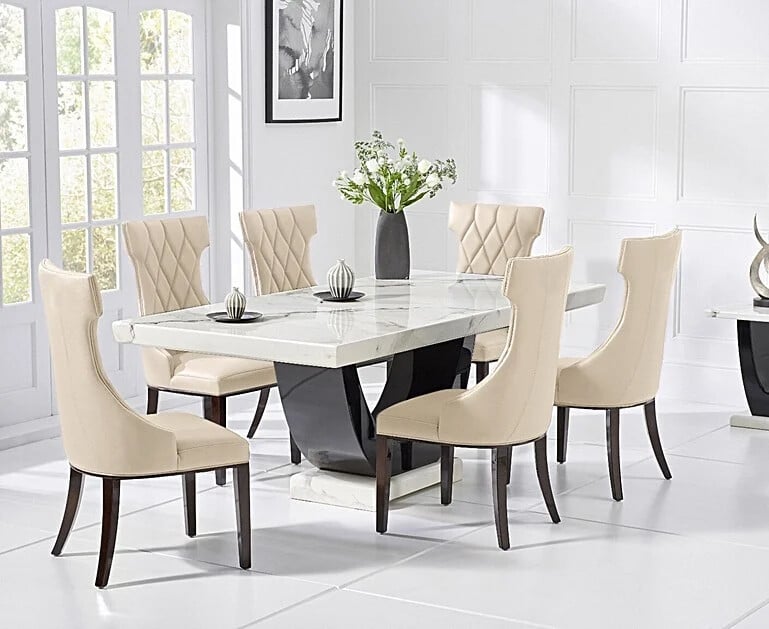 Novara 200cm White and Black Pedestal Marble Dining Table with 12 Grey Sophia Chairs