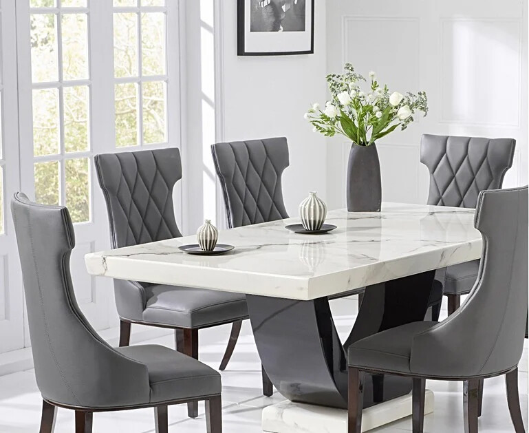 Novara 200cm White and Black Pedestal Marble Dining Table with 12 Grey Sophia Chairs
