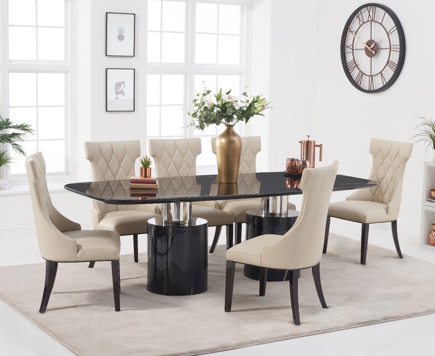 Antonio 180cm Black Marble Dining Table with 4 Cream Sophia Chairs