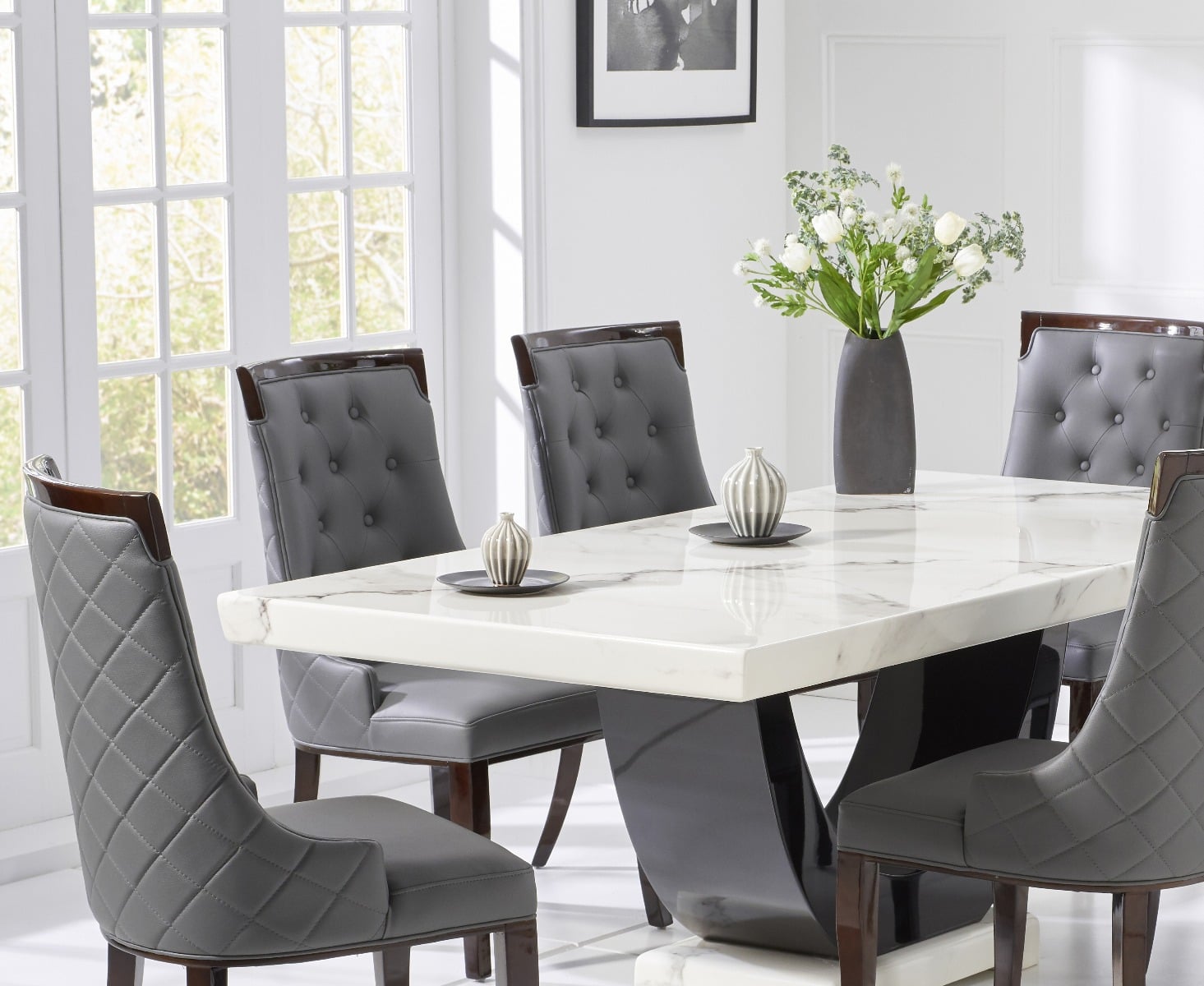 Novara 200cm White and Black Pedestal Marble Dining Table with 12 Cream Francesca Chairs