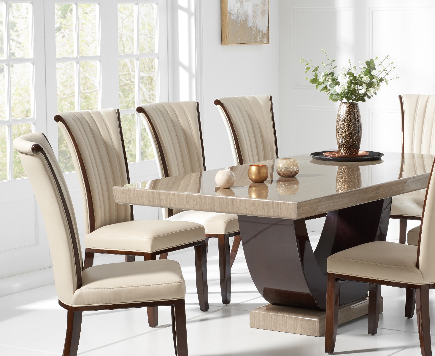 Colby 200cm Oval White Marble Dining Table with 6 Grey Sienna Chairs