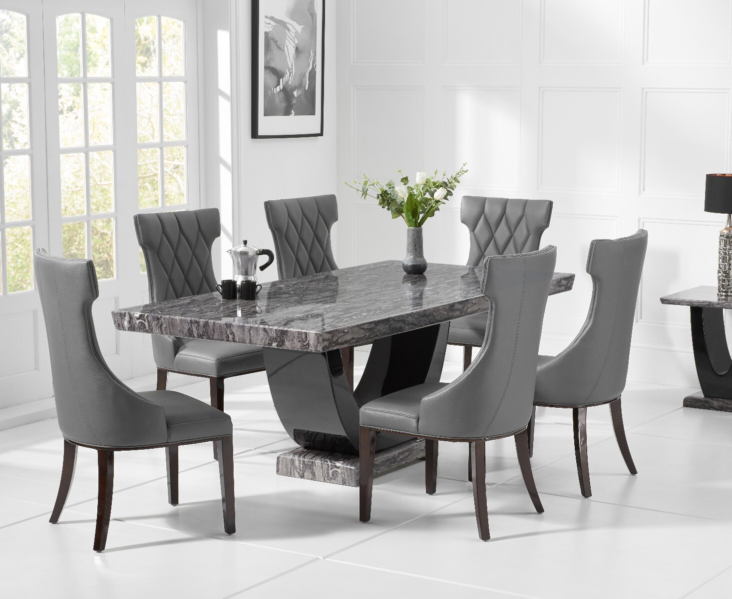 Novara 200cm Dark Grey Pedestal Marble Dining Table With 8 Grey Sophia Chairs