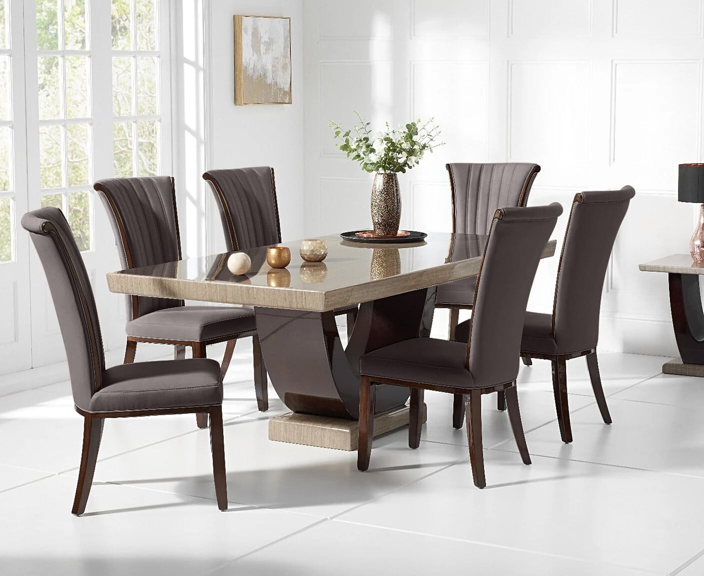 Novara 170cm Brown Pedestal Marble Dining Table With 4 Brown Lorient Chairs