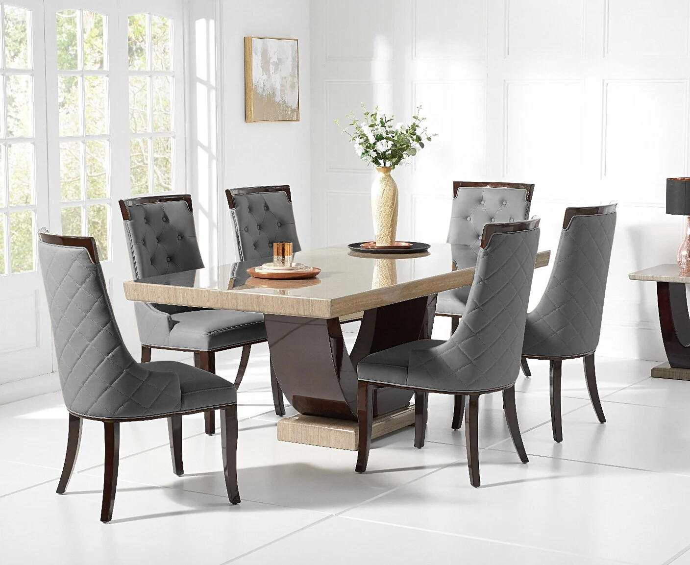 Novara 170cm Brown Pedestal Marble Dining Table With 4 Grey Francesca Chairs