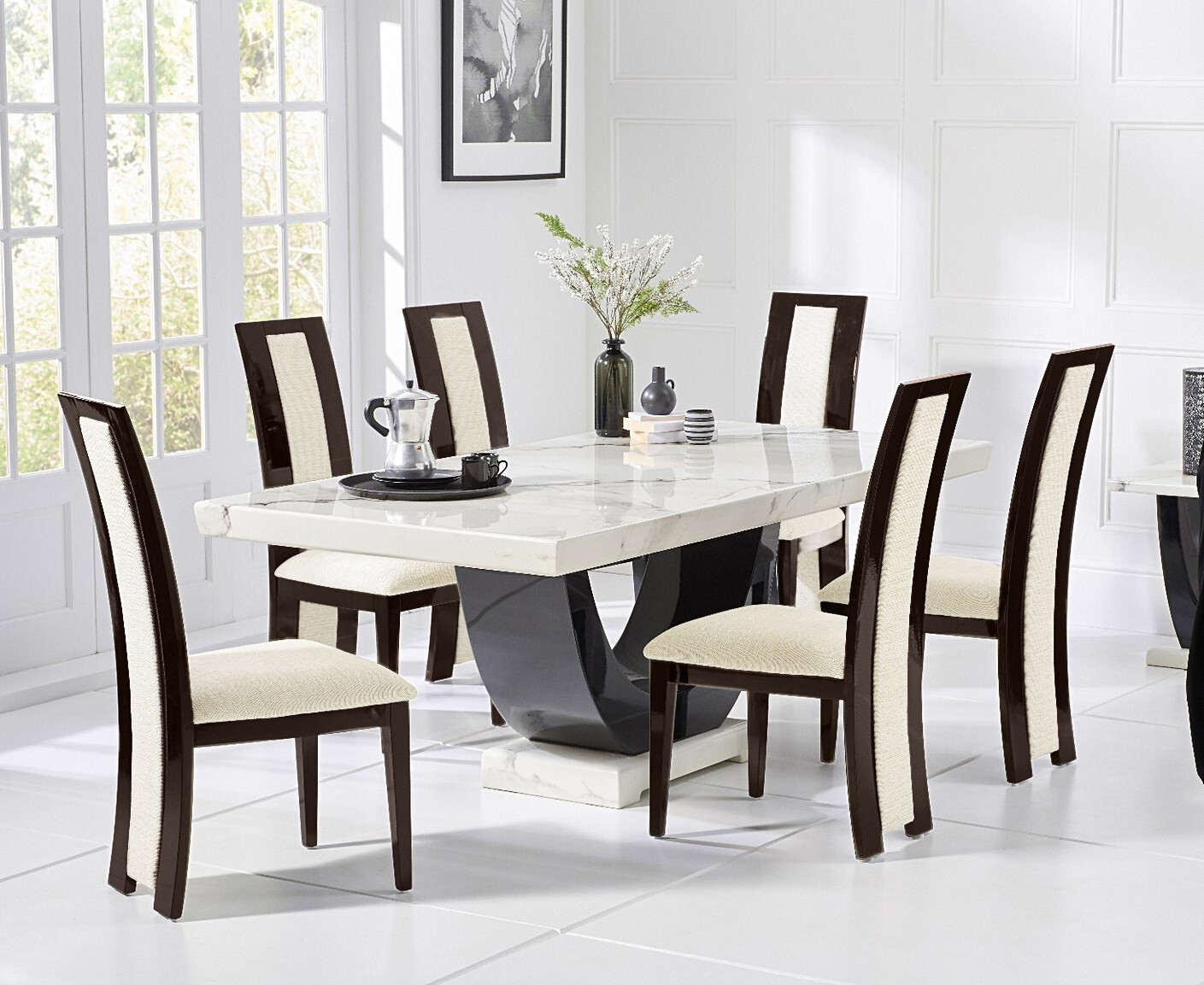 Novara 170cm White And Black Pedestal Marble Dining Table With 4 Brown Novara Chairs