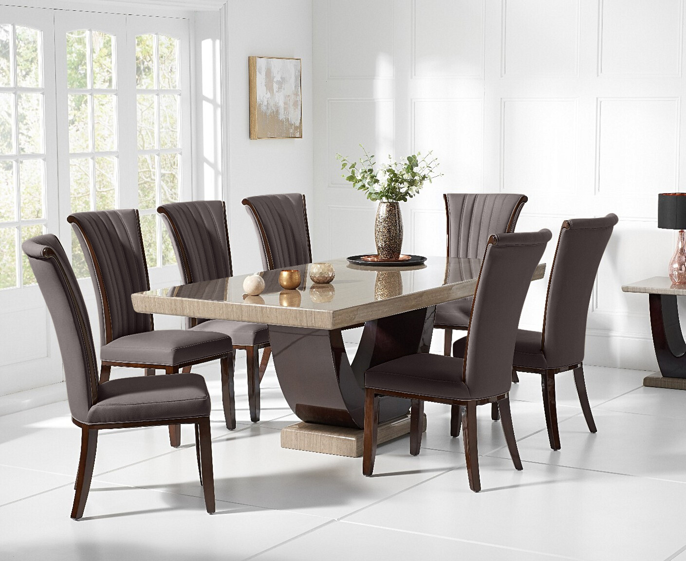 Novara 200cm Brown Pedestal Marble Dining Table With 8 Cream Lorient Chairs