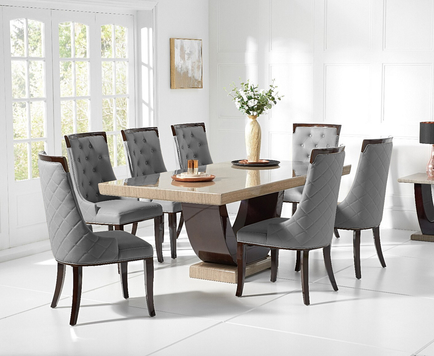 Novara 200cm Brown Pedestal Marble Dining Table With 6 Grey Francesca Chairs