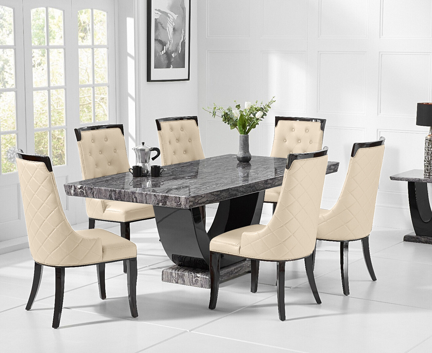 Novara 200cm Dark Grey Pedestal Marble Dining Table With 6 Cream Francesca Chairs
