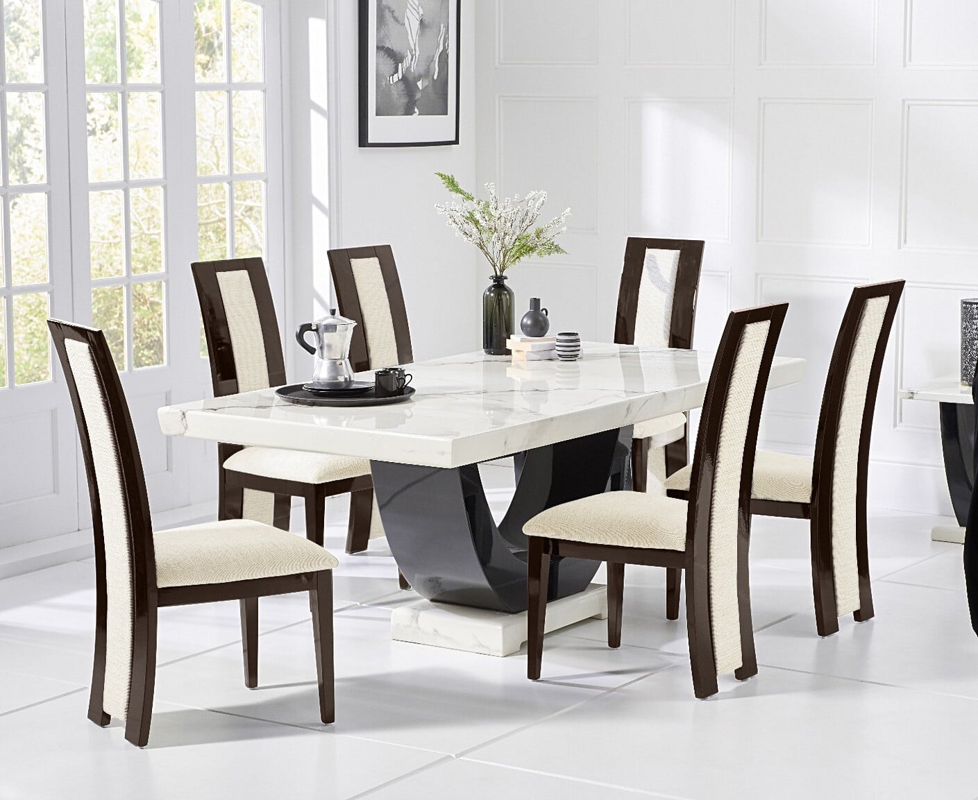 Novara 200cm White and Black Pedestal Marble Dining Table with 8 Brown Novara Chairs