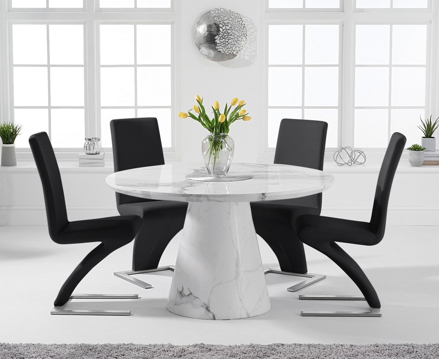 Ravello 130cm Round White Marble Dining Table with 4 Black Aldo Chairs